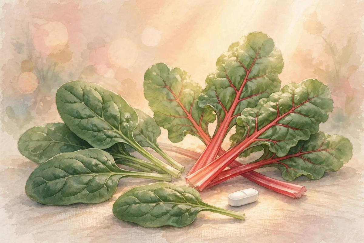 Verduras de hoja verde y un suplemento de ácido fólico bañados en una luz cálida y soñadora