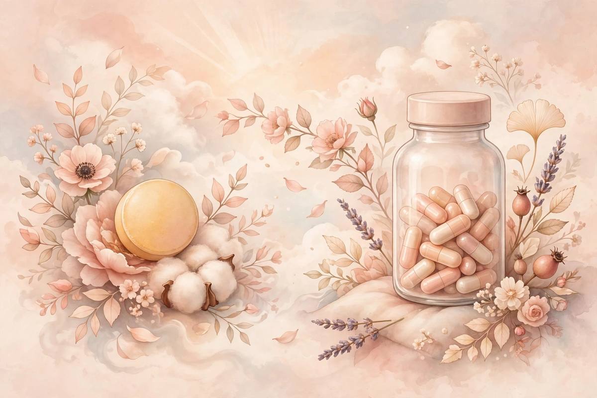 Ilustración suave: una pastilla de ácido fólico junto a un frasco de vitaminas prenatales, tonos cálidos