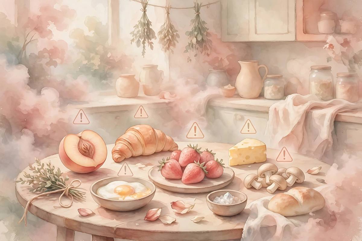 Ilustración onírica de alimentos en una cocina con suaves símbolos de advertencia