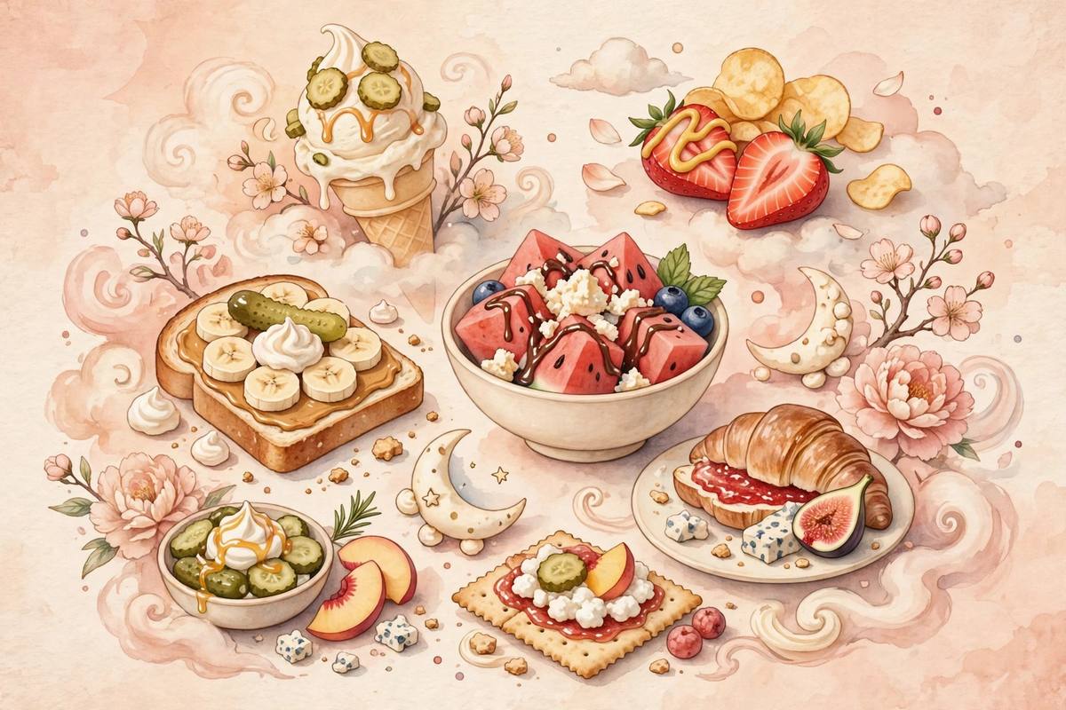 Ilustración onírica y suave de combinaciones curiosas de antojos de embarazo, en tonos melocotón, rosa y crema