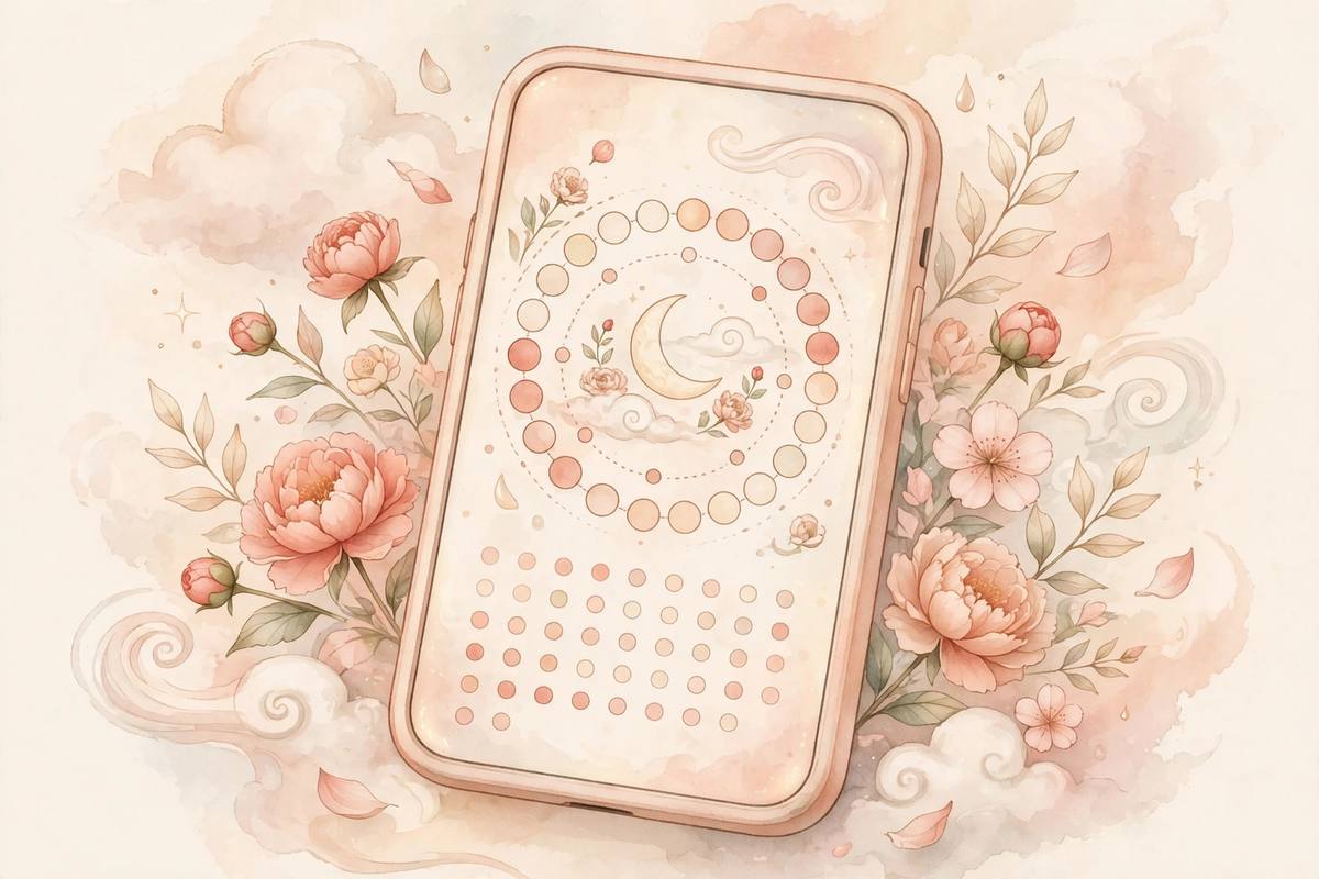 Ilustración suave de un smartphone con un calendario menstrual en tonos pastel