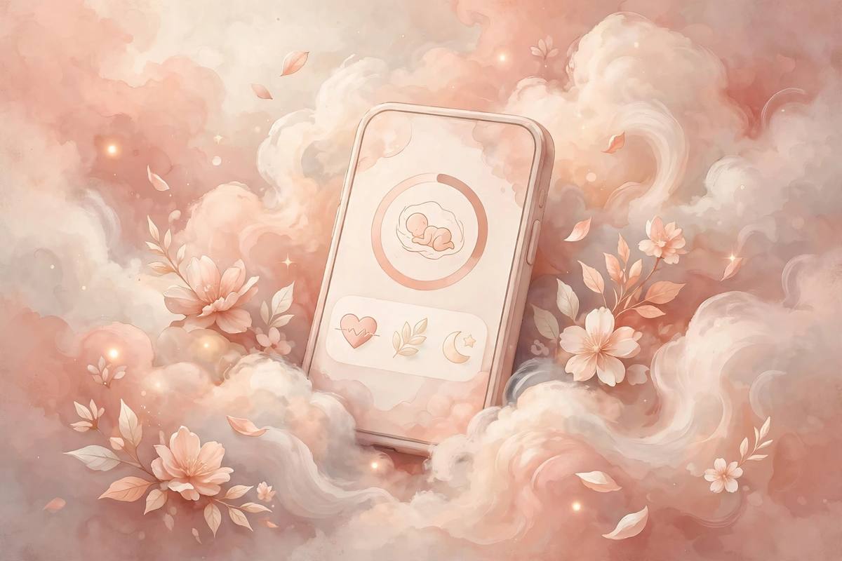 Ilustración suave de un teléfono con una app de embarazo rodeado de nubes en tonos melocotón