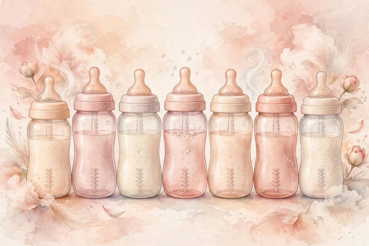 Ilustración suave de biberones anticólicos alineados sobre fondo pastel