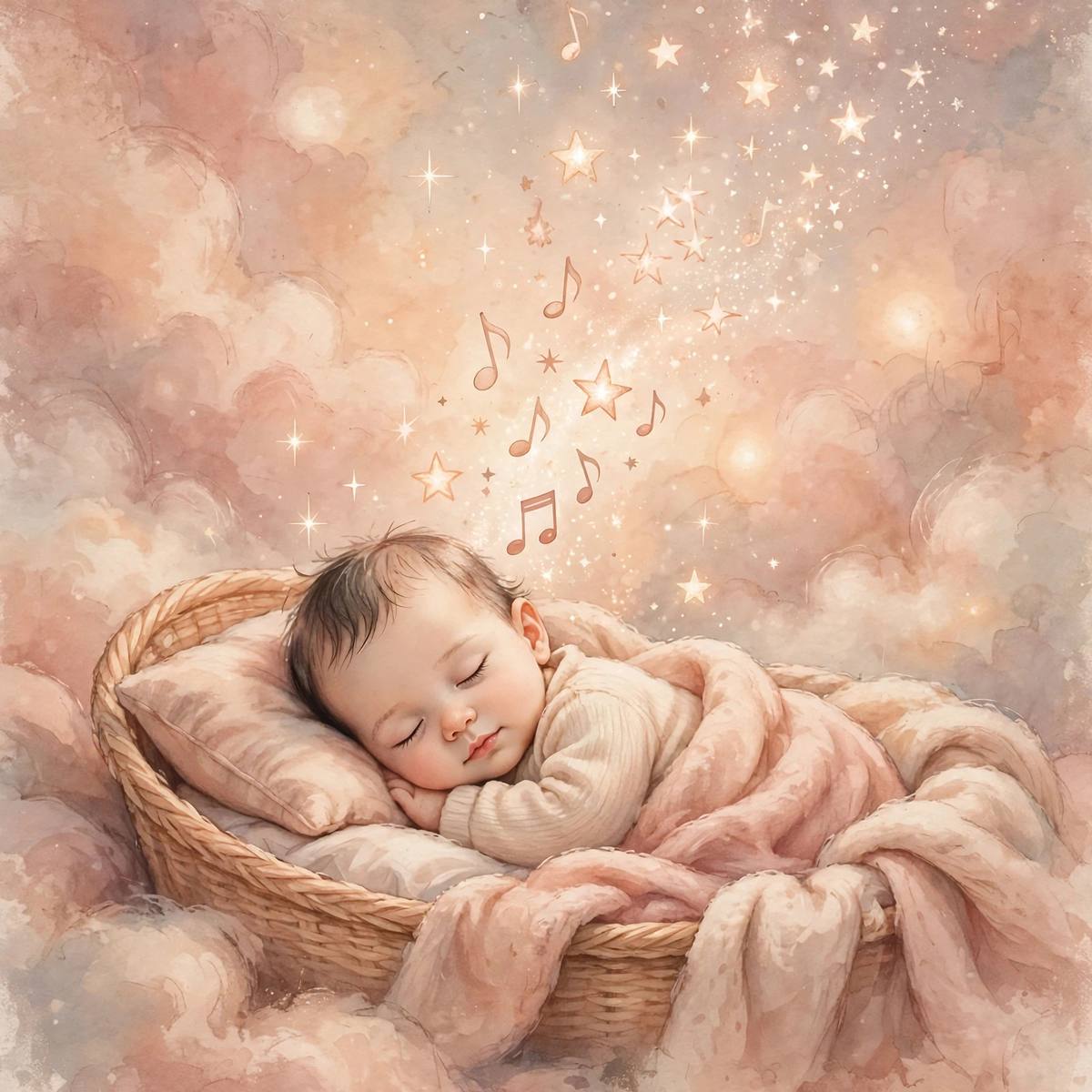 Ilustración onírica de notas musicales que se convierten en estrellas sobre un bebé dormido