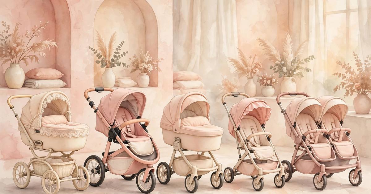 Ilustración suave de cinco carritos de bebé de distintos tipos en fila, en tonos pastel cálidos