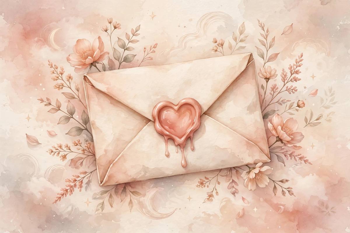 Ilustración suave de una carta manuscrita sellada con un corazón de cera sobre fondo cálido color melocotón