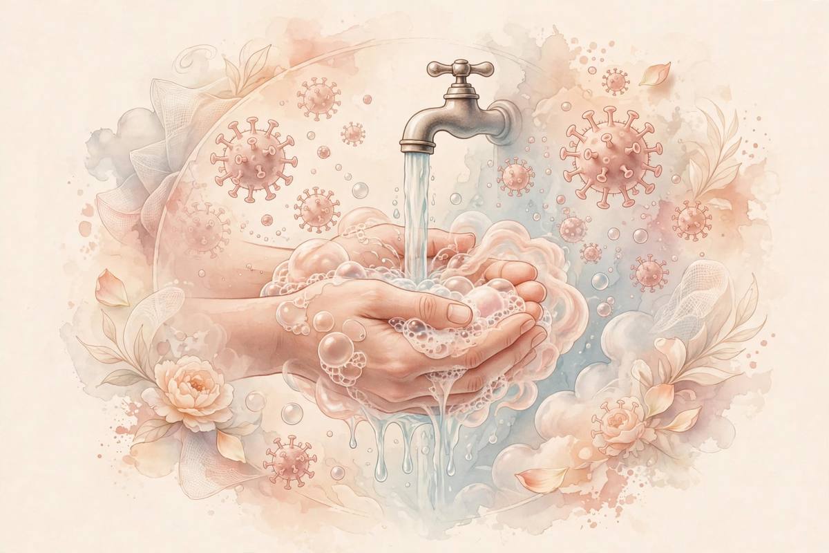 Ilustración suave de una mujer lavándose las manos con agua y jabón, tonos cálidos y estilo pictórico calmado