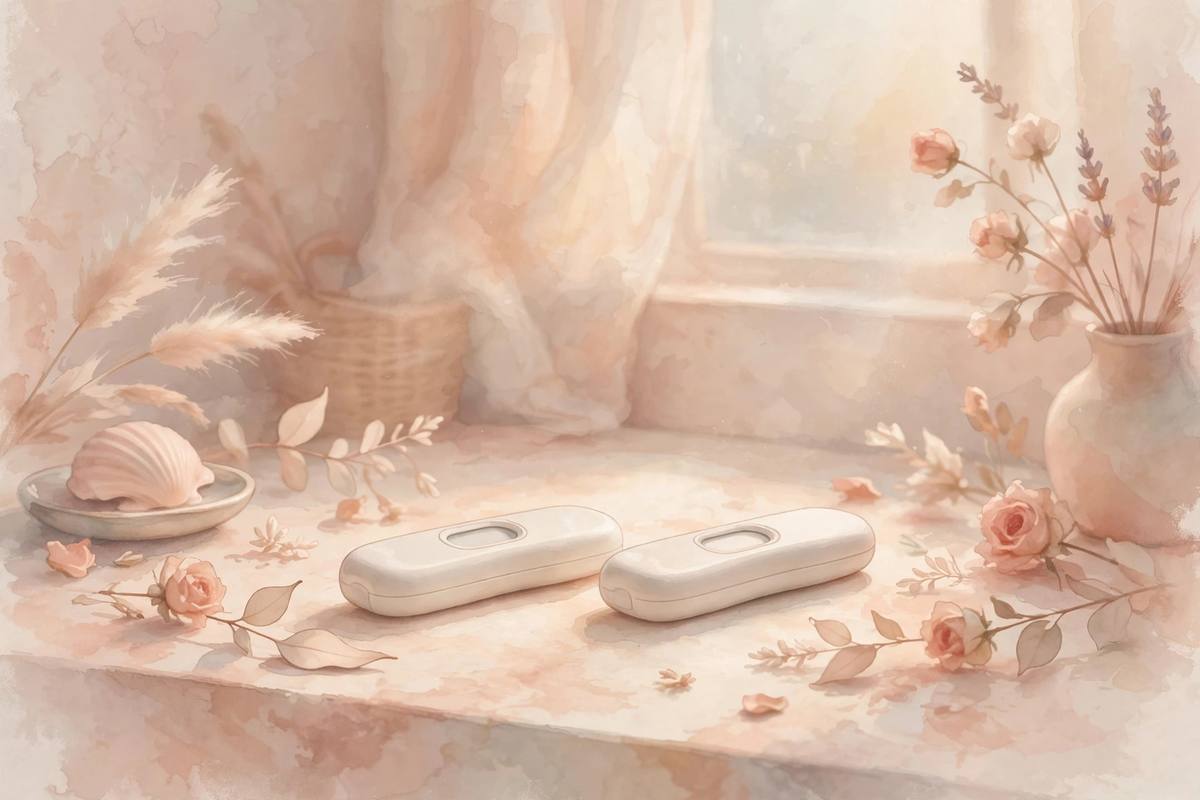 Ilustración suave de dos tests de embarazo uno junto al otro sobre el tocador de un baño con luz de mañana