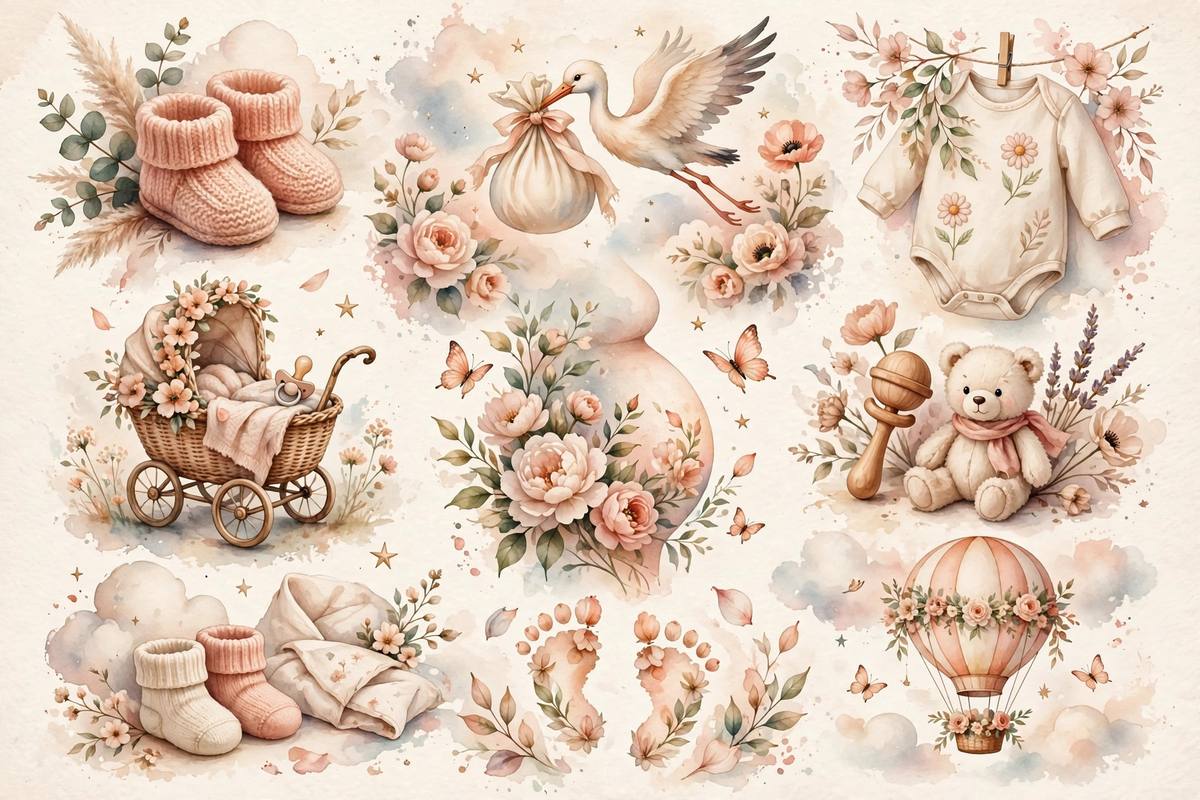 Ilustración festiva con ideas creativas para anunciar el embarazo: collage de parejas celebrando, fotografías y pequeños zapatitos de bebé