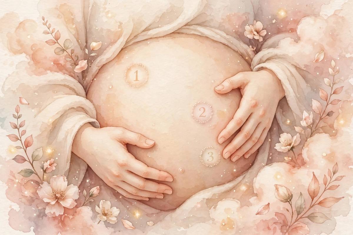 Ilustración de unas manos acariciando una barriga de embarazada mientras siente las patadas del bebé
