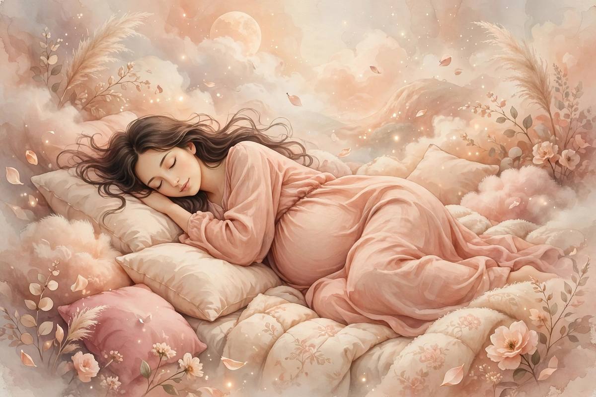 Ilustración onírica de una mujer embarazada durmiendo tranquila de lado entre almohadas, en tonos cálidos melocotón y crema