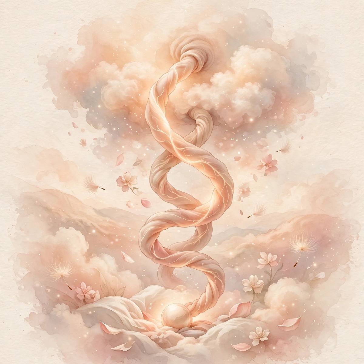 Ilustración onírica del cordón umbilical como un resplandeciente vínculo de vida entre madre y bebé
