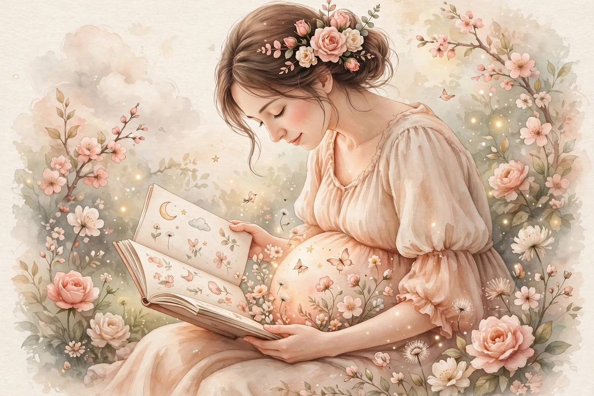 Ilustración tierna de una madre leyendo un cuento de hadas a su vientre embarazado