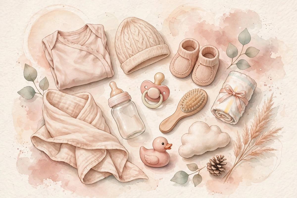Ilustración suave en tonos pastel de una cuna, un cochecito de bebé y una silla de auto dispuestos con esmero