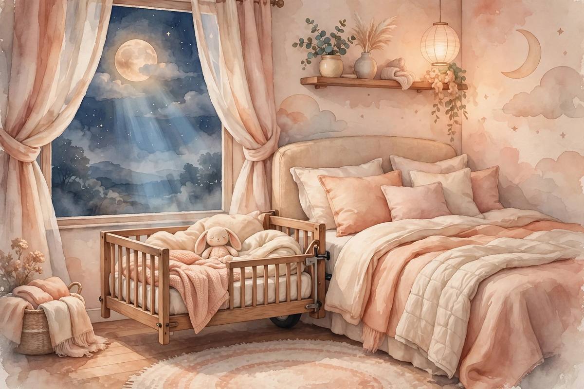 Ilustración acogedora de una cuna colecho adosada a una cama en una habitación infantil iluminada por la luna