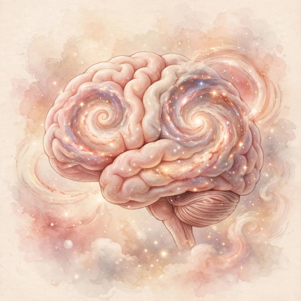 Ilustración suave de un cerebro de bebé resplandeciente como una galaxia, en tonos melocotón, rosa y crema