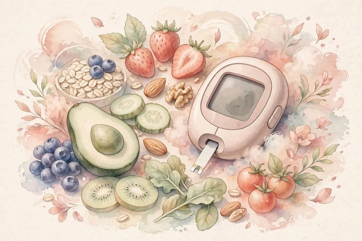 Ilustración suave de alimentos saludables y un glucómetro en tonos pastel melocotón y crema