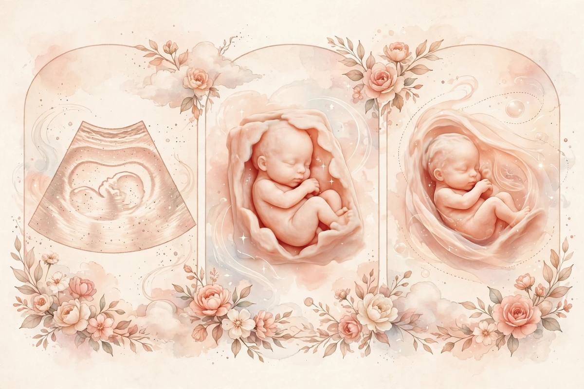 Ilustración suave que compara imágenes de ecografía 2D, 3D y 4D una junto a otra en tonos melocotón y rosa