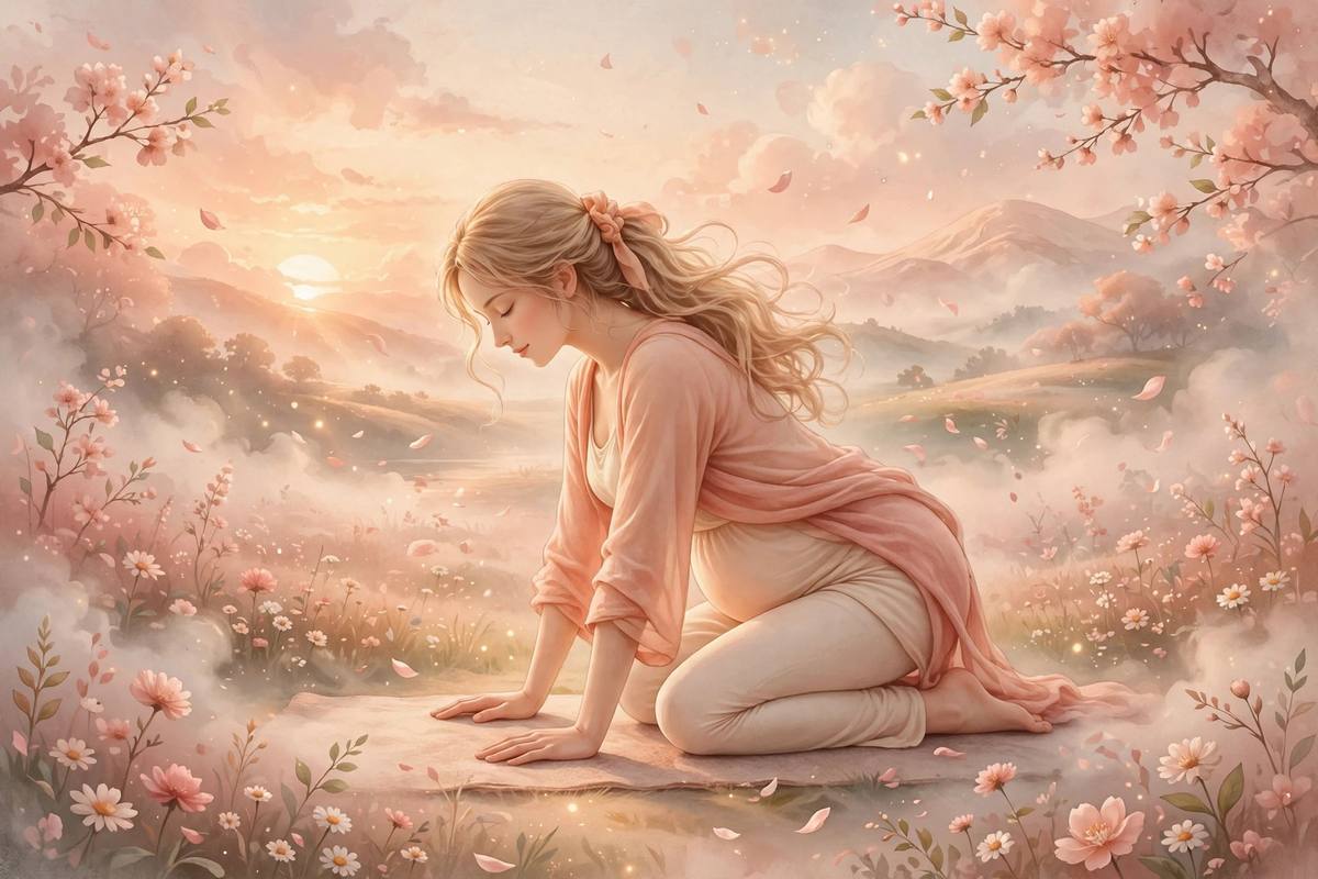 Ilustración suave de una mujer embarazada practicando yoga prenatal suave al amanecer