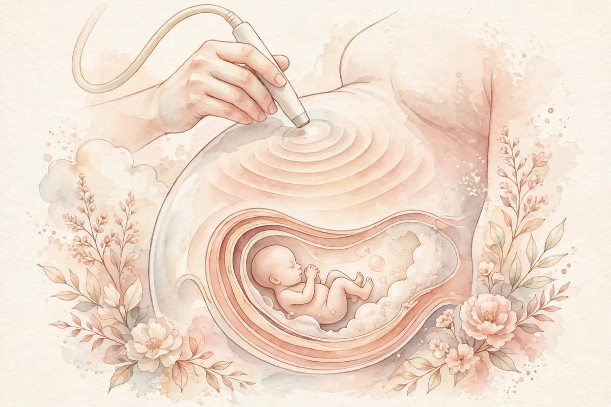 Ilustración médica suave de la prueba de cribado prenatal del tercer trimestre, con tonos cálidos y serenos