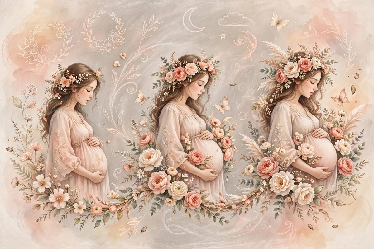 Ilustración onírica de la progresión fotográfica de un embarazo con flores y una pizarra