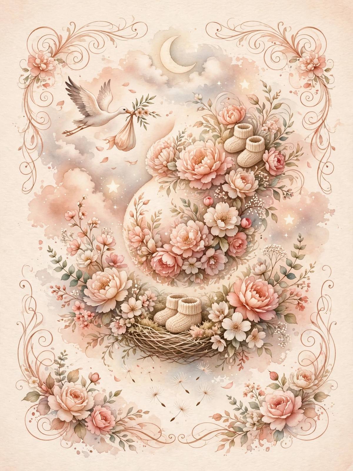 Ilustración onírica de una tarjeta de felicitación con caligrafía anunciando un embarazo, en tonos melocotón y rosa
