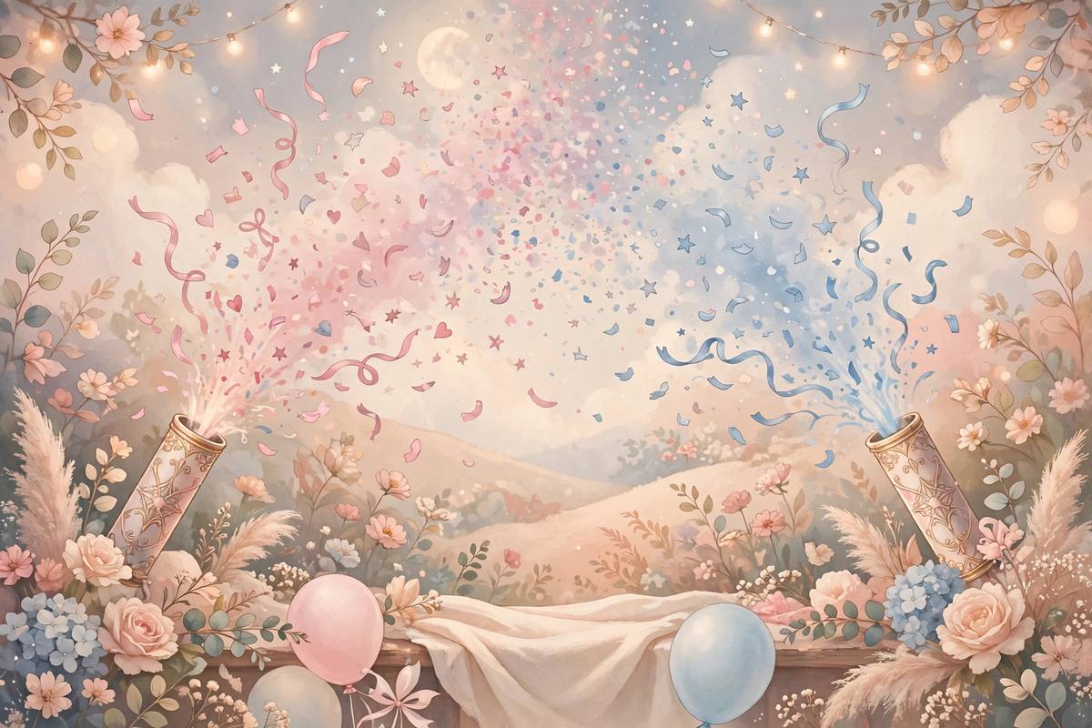 Ilustración suave de una fiesta de gender reveal con cañones de confeti en rosa y azul pastel