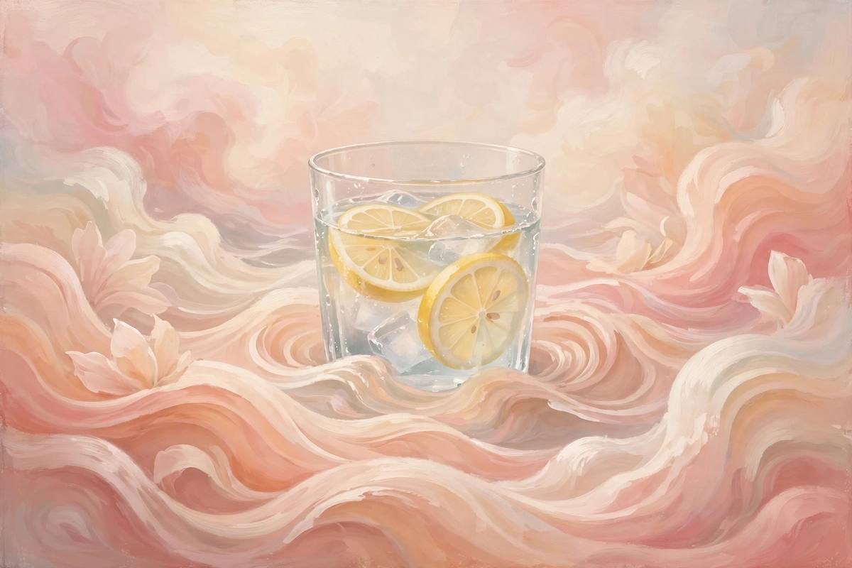 Ilustración onírica de un vaso de agua con limón sobre ondas suaves, en tonos cálidos melocotón y crema