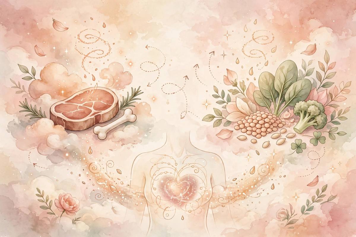Ilustración suave que compara fuentes de hierro de origen animal y vegetal con símbolos de absorción