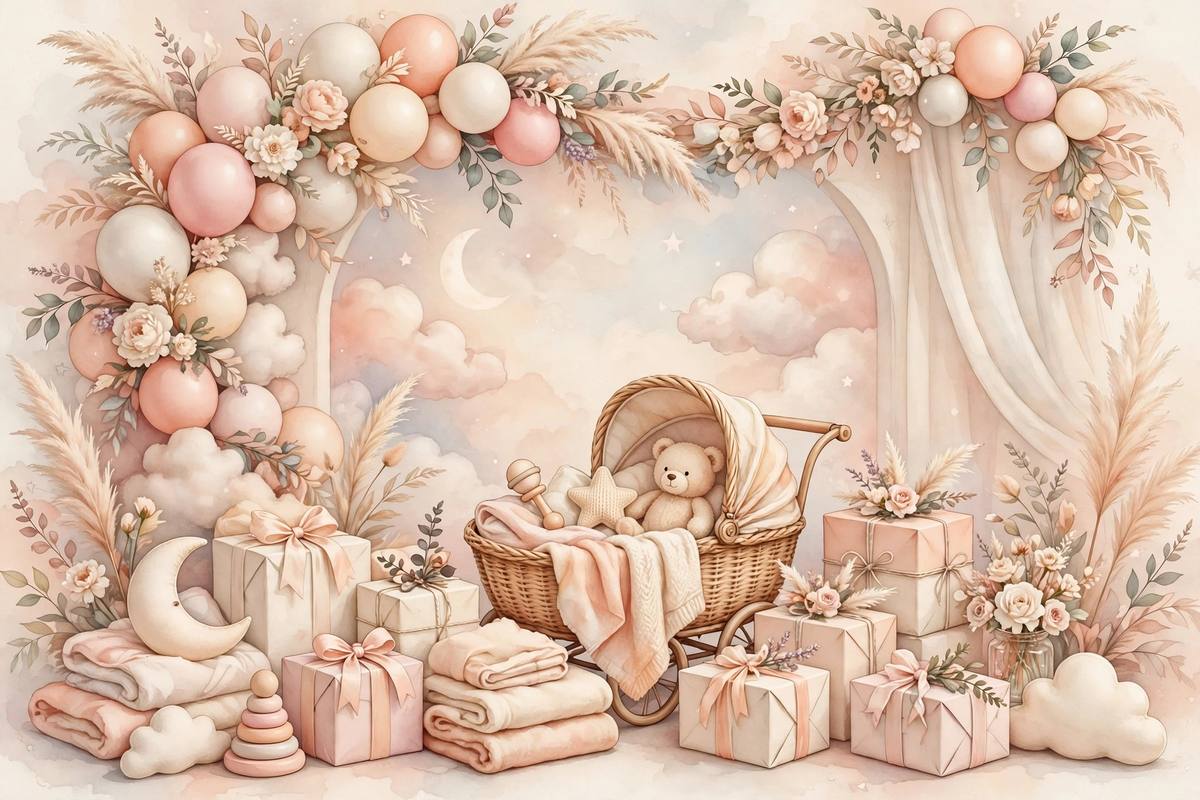 Ilustración festiva de un baby shower con globos, guirnaldas y regalos en tonos pastel