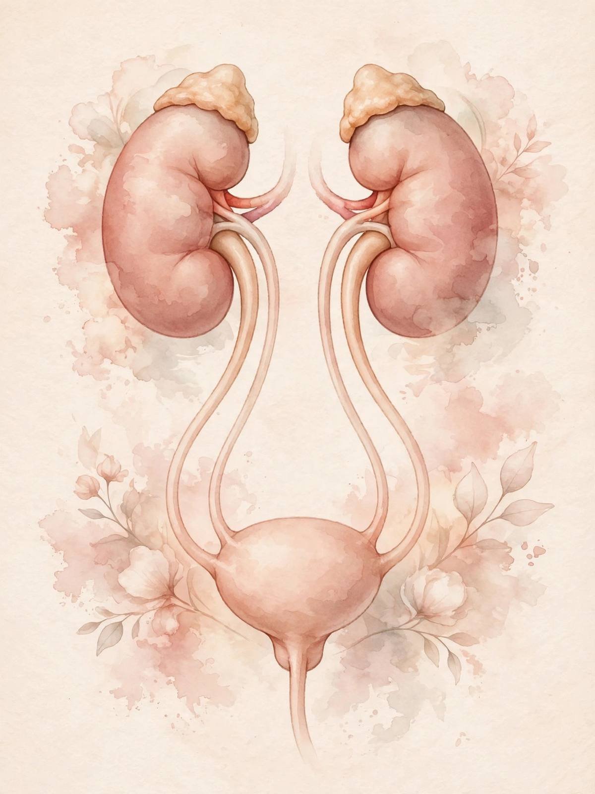 Ilustración médica suave del sistema urinario con tonos educativos cálidos y ambiente tranquilo