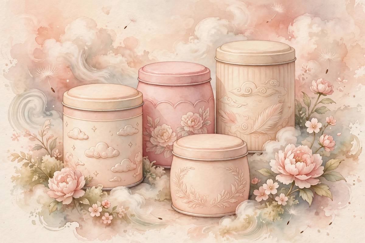 Ilustración suave de latas de leche de fórmula infantil de distintos tipos en tonos melocotón y crema