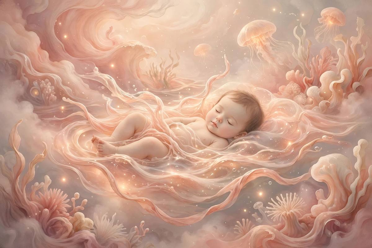 Ilustración suave de un bebé flotando sereno en líquido amniótico luminoso dentro del útero