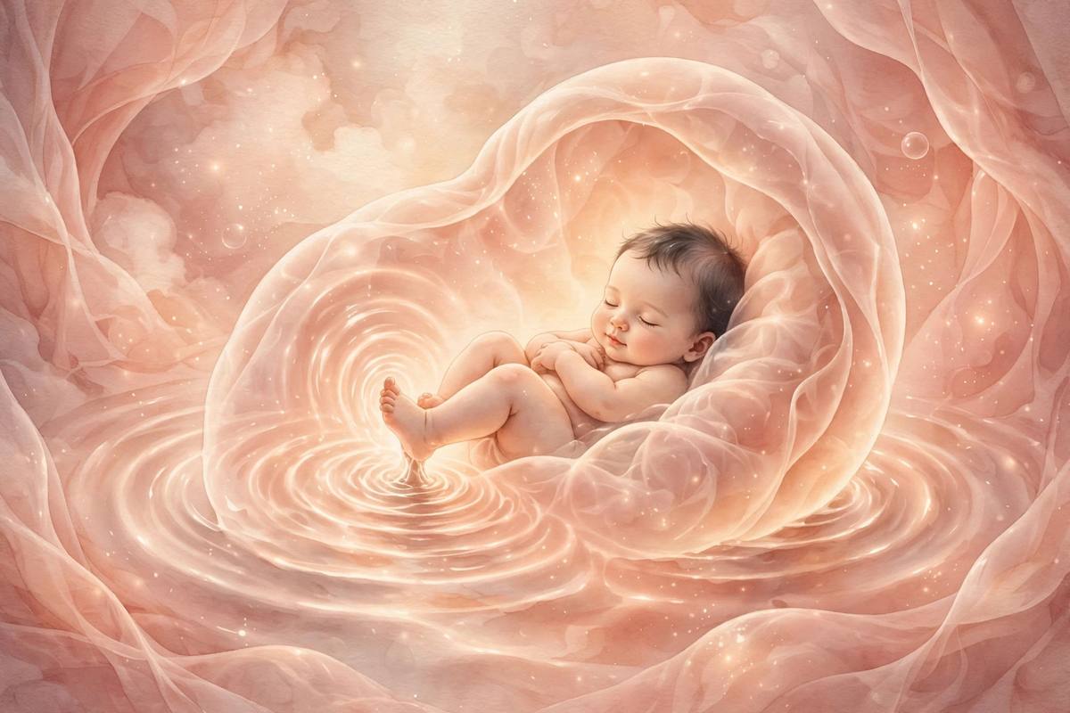 Ilustración suave de un bebé moviéndose dentro de un vientre luminoso con ondas concéntricas