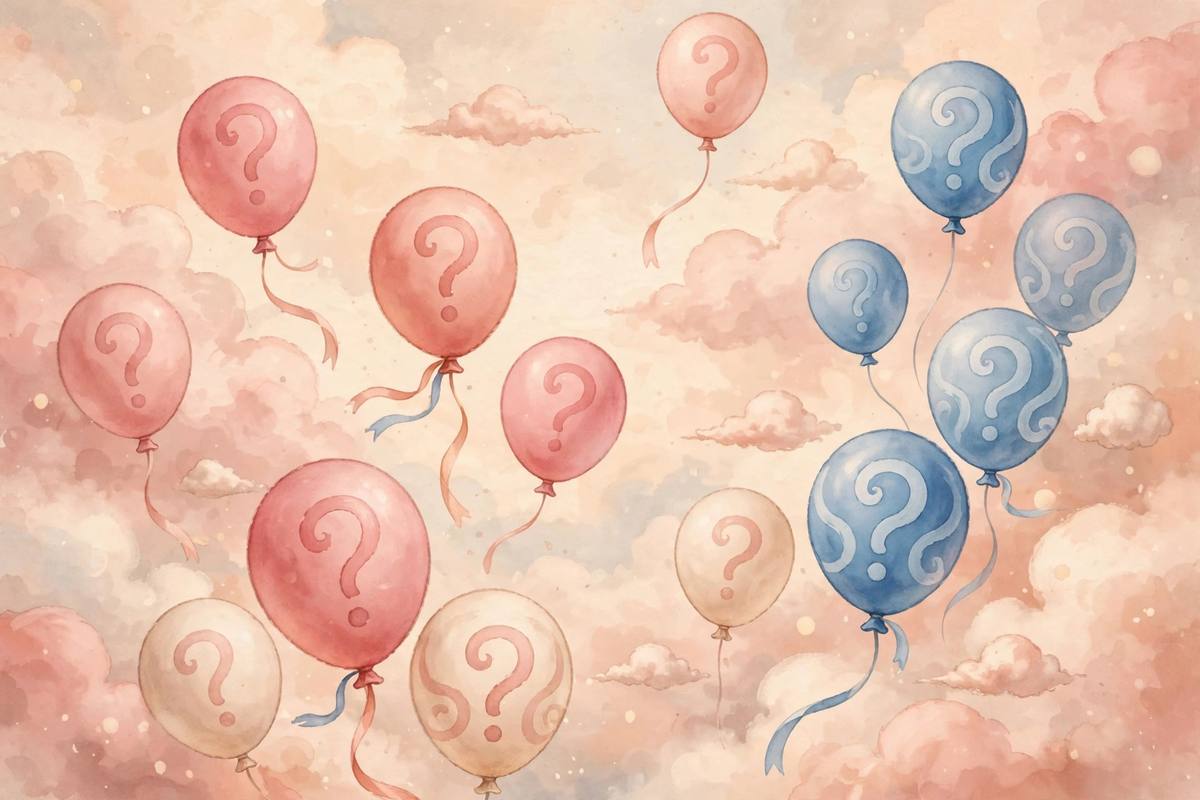 Ilustración suave y onírica de globos rosas y azules con signos de interrogación flotando en un cielo de tonos melocotón y crema
