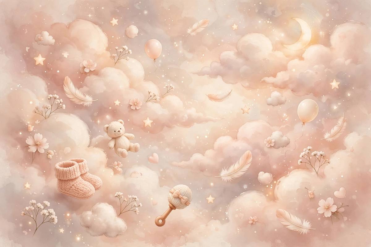 Ilustración onírica de letras de nombres de bebé flotando entre nubes suaves y estrellas en tonos cálidos