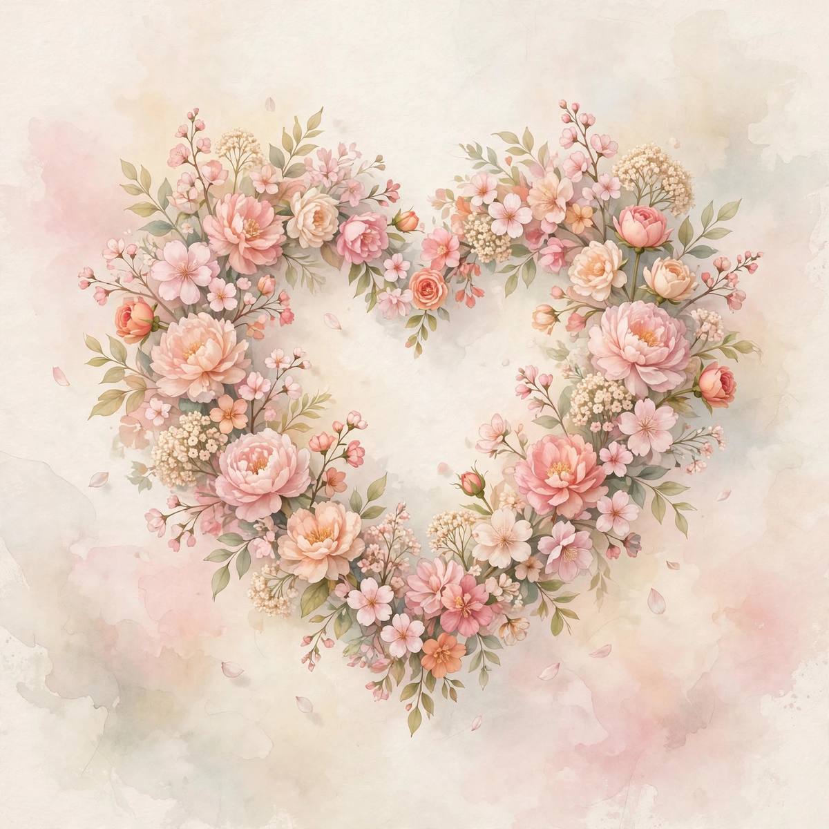 Ilustración onírica de delicadas flores formando un corazón en tonos rosa pastel