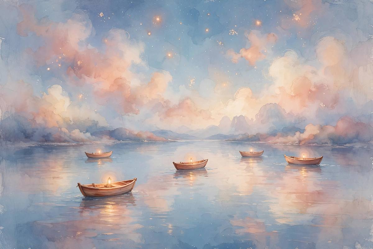 Ilustración de ensueño de pequeños barcos de madera navegando sobre aguas tranquilas bajo las estrellas, en tonos azules pastel