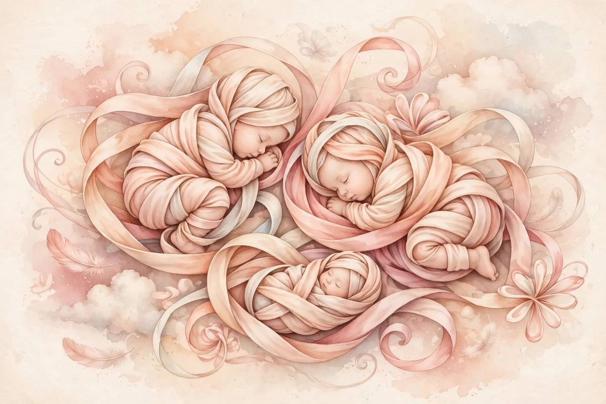 Ilustración suave de cintas pastel entrelazadas formando figuras de bebé, en tonos melocotón, rosa y crema, estilo pictórico sereno