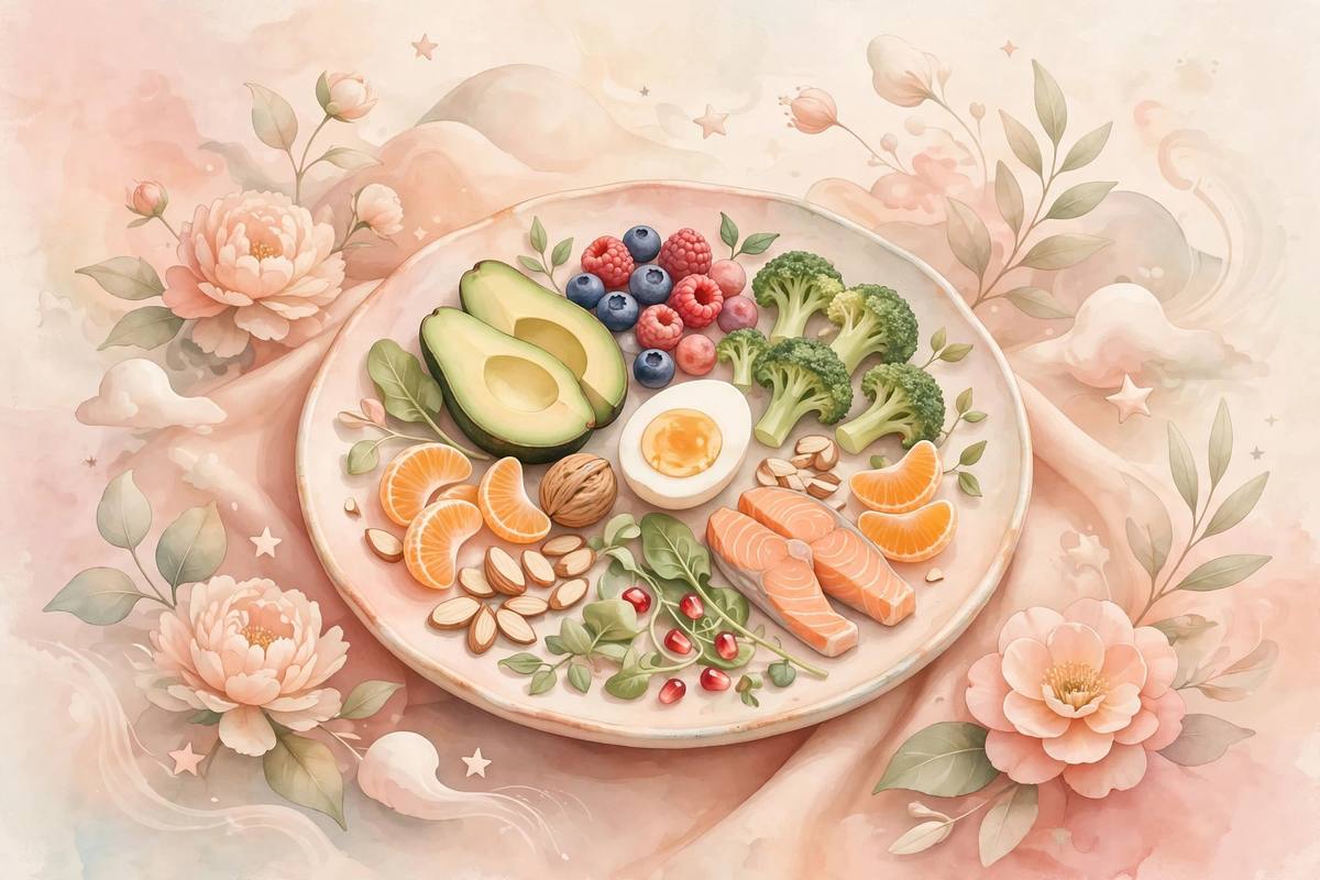 Ilustración onírica de un plato equilibrado con alimentos coloridos y saludables para el embarazo