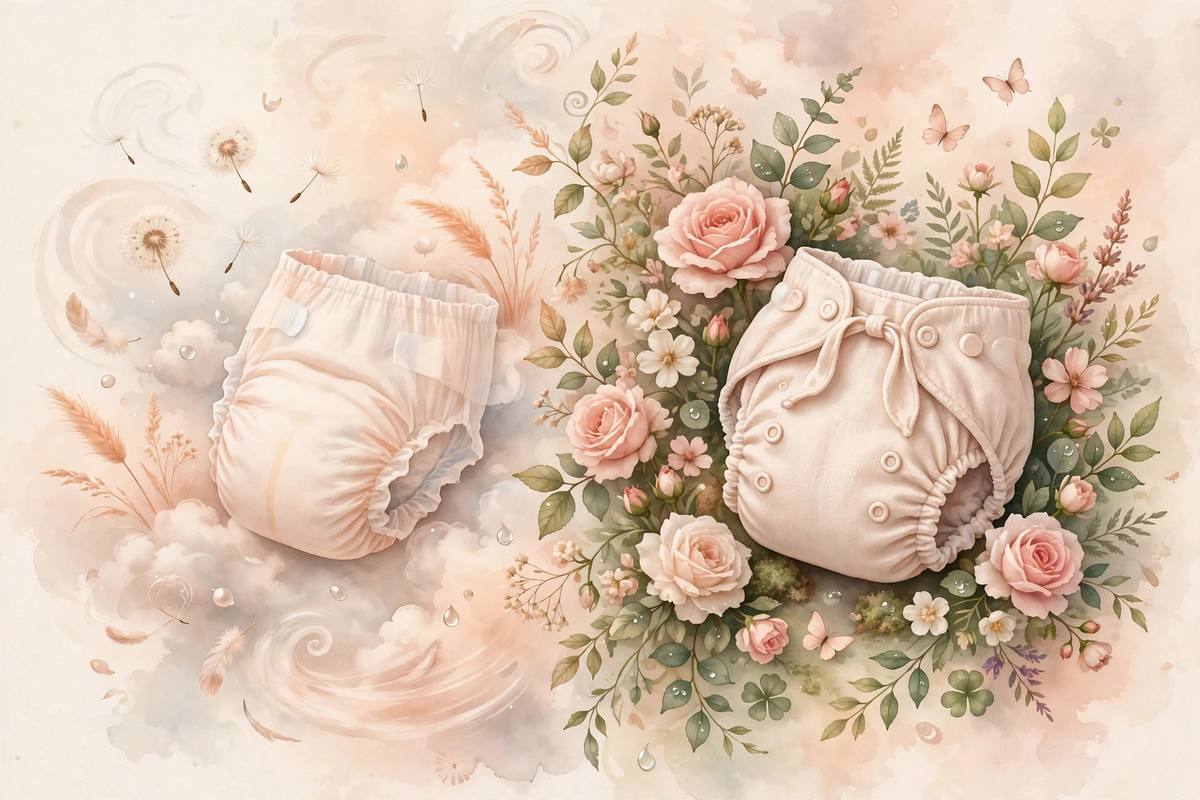 Ilustración suave de un pañal desechable junto a un pañal de tela, en tonos cálidos