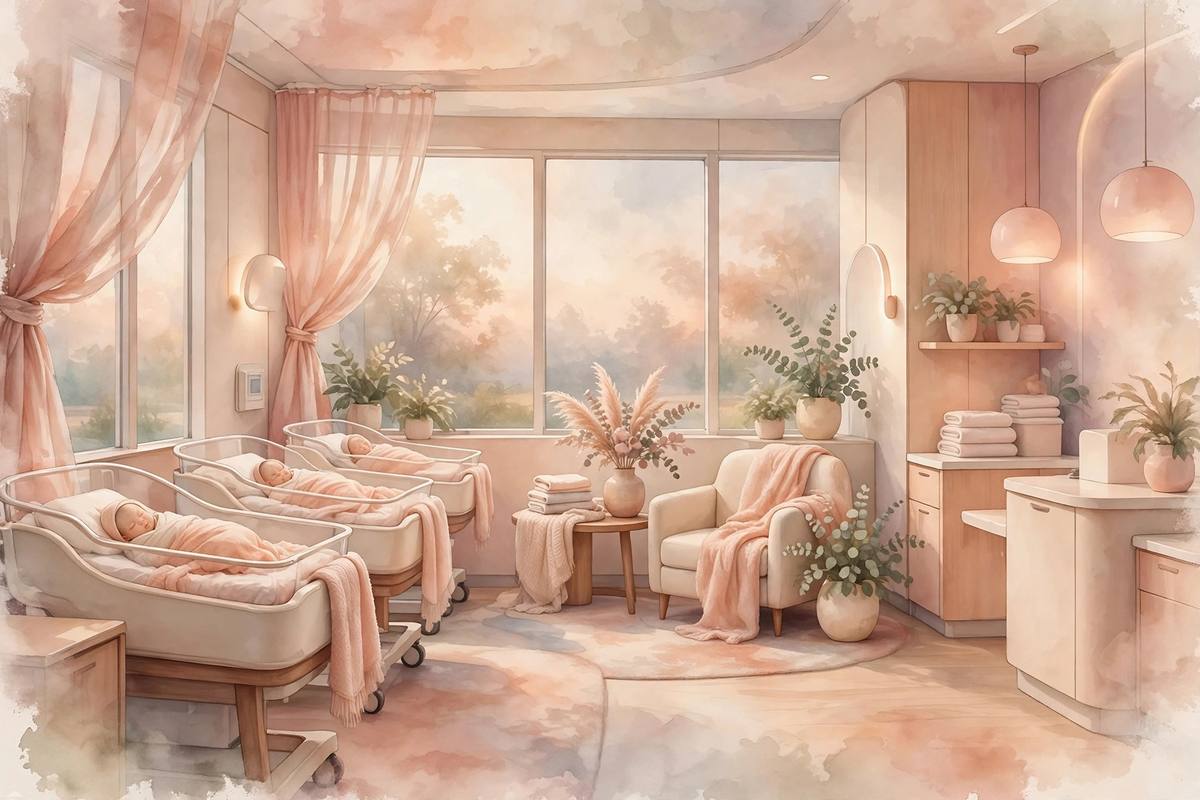 Ilustración cálida de una sala de maternidad moderna bañada en luz suave