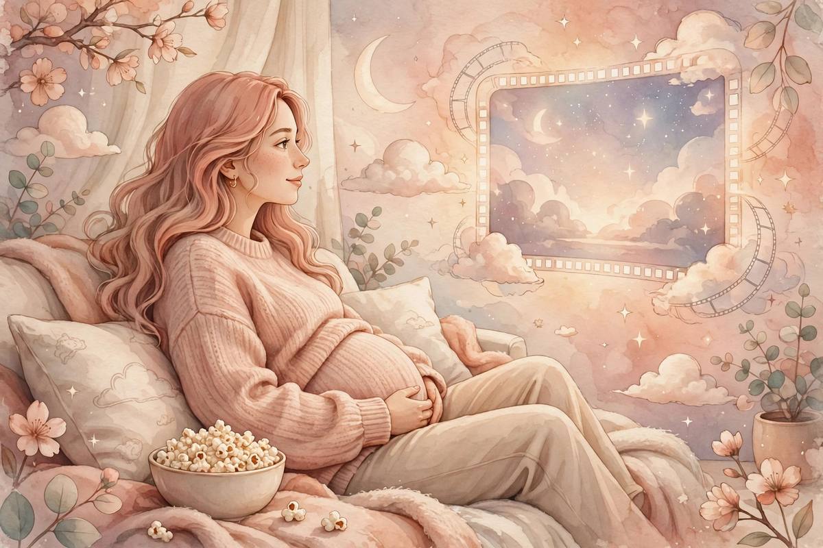 Ilustración suave de una mujer embarazada viendo películas con palomitas en un ambiente acogedor