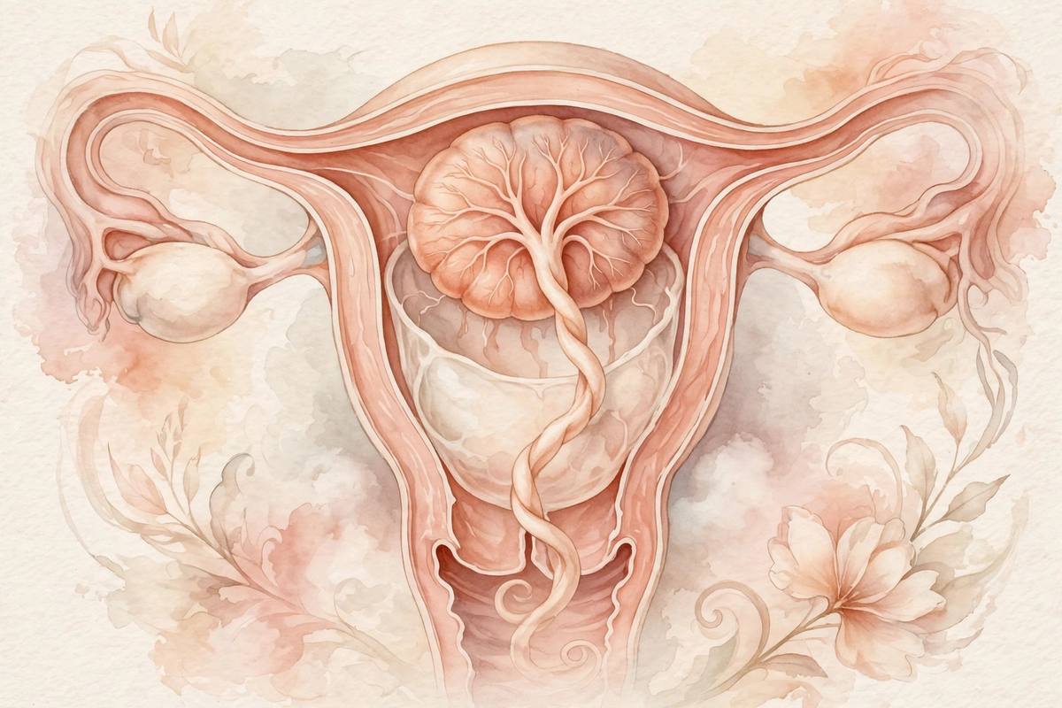 Ilustración suave de estilo médico que muestra la posición de la placenta en el útero durante el embarazo