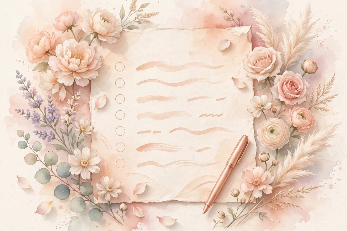 Ilustración de un plan de parto manuscrito sobre papel, con un bolígrafo y flores