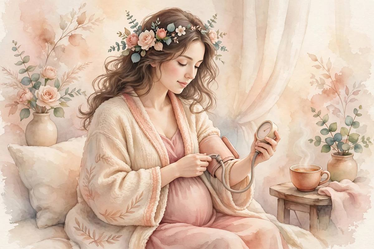 Ilustración suave de una mujer embarazada tomándose la tensión arterial en un ambiente cálido y sereno