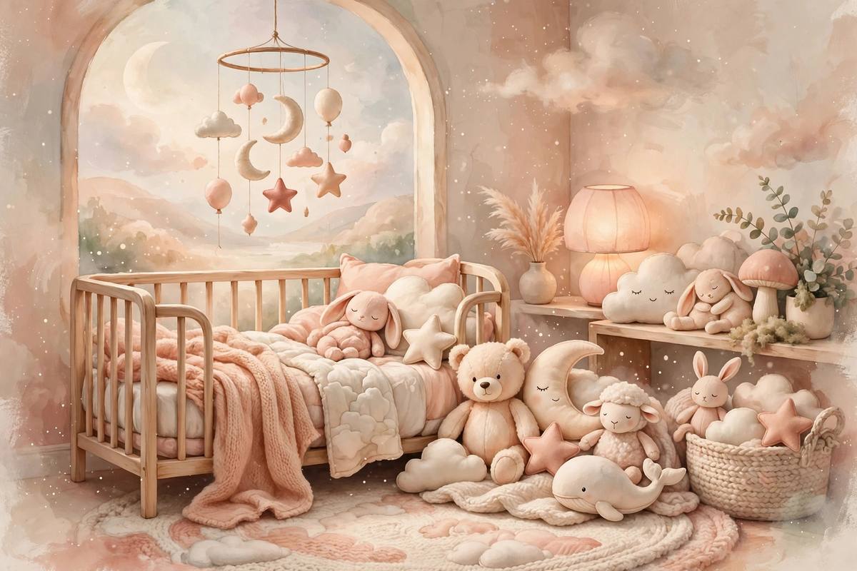 Ilustración suave de un cuarto de bebé acogedor con cuna y peluches, en tonos melocotón y crema