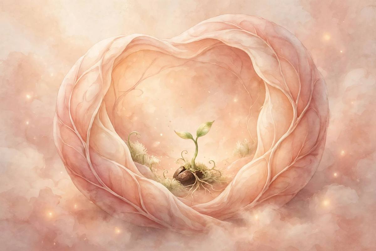 Ilustración suave de una semilla que crece hasta convertirse en un brote dentro de una forma cálida y luminosa