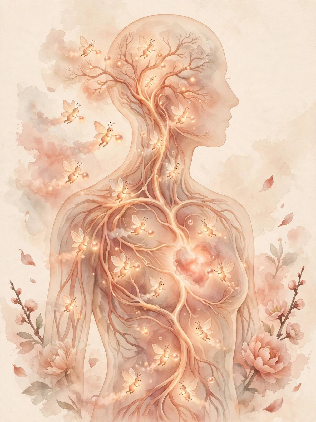 Ilustración surreal de hormonas como mensajeros luminosos viajando por el cuerpo de una mujer embarazada