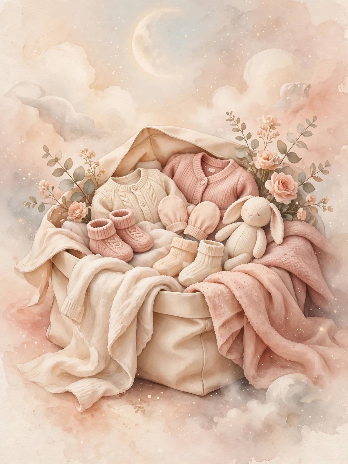 Ilustración de un bolso maternal preparado con ropa de bebé y mantas suaves